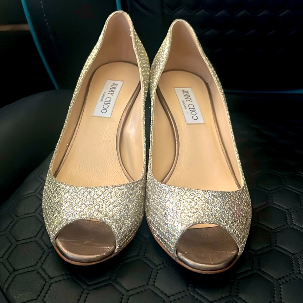 Jimmy Choo Glitter Accent Peep Toe Kitten Heels